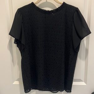 LOFT black appliqué top with high collar and flowy sleeves, size S